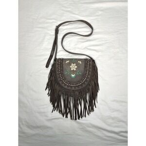 Wrangler Grey Floral Embroidered Crossbody Fringe Purse
